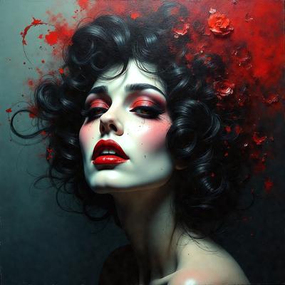 The primary subject of the image is a woman with dark hair, wearing red lipstick and a red dress. She is posing for the camera with a confident and stylish expression. The setting appears to be a studio or a similar indoor environment, as the woman is the main focus of the image. The visual style is a combination of photography and digital art, creating a unique and artistic portrait. The colors and mood of the image are predominantly red, which adds a bold and vibrant atmosphere to the